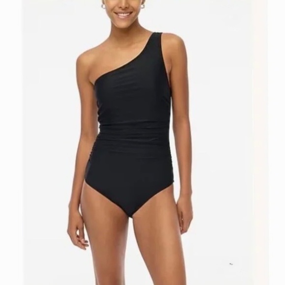 NWT!! J. CREW Factory One Shoulder Ruched Swimsuit One-Piece Solid Black Medium - Picture 11 of 16